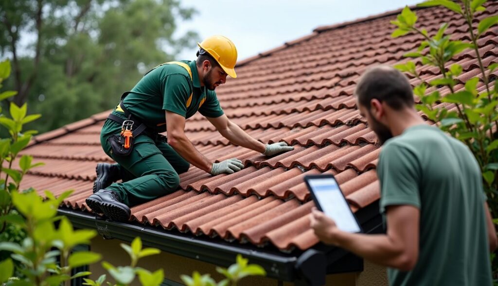 Tagdækker og husejer inspicerer revne